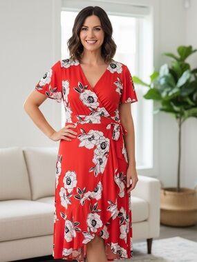 Adorable bright red floral faux wrap dress.  Pattern black and white florals.